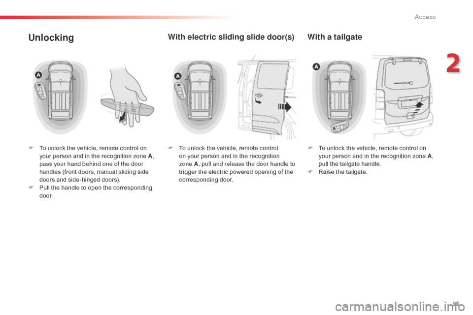 Citroen SPACETOURER 2016 1.G Workshop Manual 55
Spacetourer-VP_en_Chap02_ouvertures_ed01-2016
Unlocking
F To unlock the vehicle, remote control on your person and in the recognition zone A,
pass your hand behind one of the door
handles (fron Citroen SPACETOURER 2016 1.G Workshop Manual 55
Spacetourer-VP_en_Chap02_ouvertures_ed01-2016
Unlocking
F To unlock the vehicle, remote control on your person and in the recognition zone A,
pass your hand behind one of the door
handles (fron