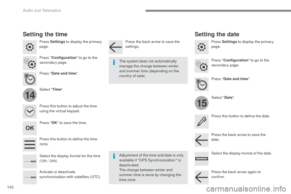 Citroen SPACETOURER 2016 1.G Owners Manual 142
15
14
Transversal-Citroen_en_Chap02_RCC-2-2-0_ed01-2016
Press Settings to display the primary
page.
Select "Date".
Select "
Time".
Press "
Date and time ".
Adjustment of the time and date is only Citroen SPACETOURER 2016 1.G Owners Manual 142
15
14
Transversal-Citroen_en_Chap02_RCC-2-2-0_ed01-2016
Press Settings to display the primary
page.
Select "Date".
Select "
Time".
Press "
Date and time ".
Adjustment of the time and date is only