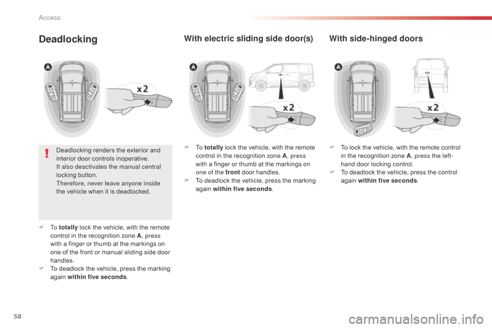 Citroen SPACETOURER 2016 1.G Workshop Manual 58
Spacetourer-VP_en_Chap02_ouvertures_ed01-2016
Deadlocking
Deadlocking renders the exterior and
interior door controls inoperative.
It also deactivates the manual central
locking button.
Therefore Citroen SPACETOURER 2016 1.G Workshop Manual 58
Spacetourer-VP_en_Chap02_ouvertures_ed01-2016
Deadlocking
Deadlocking renders the exterior and
interior door controls inoperative.
It also deactivates the manual central
locking button.
Therefore