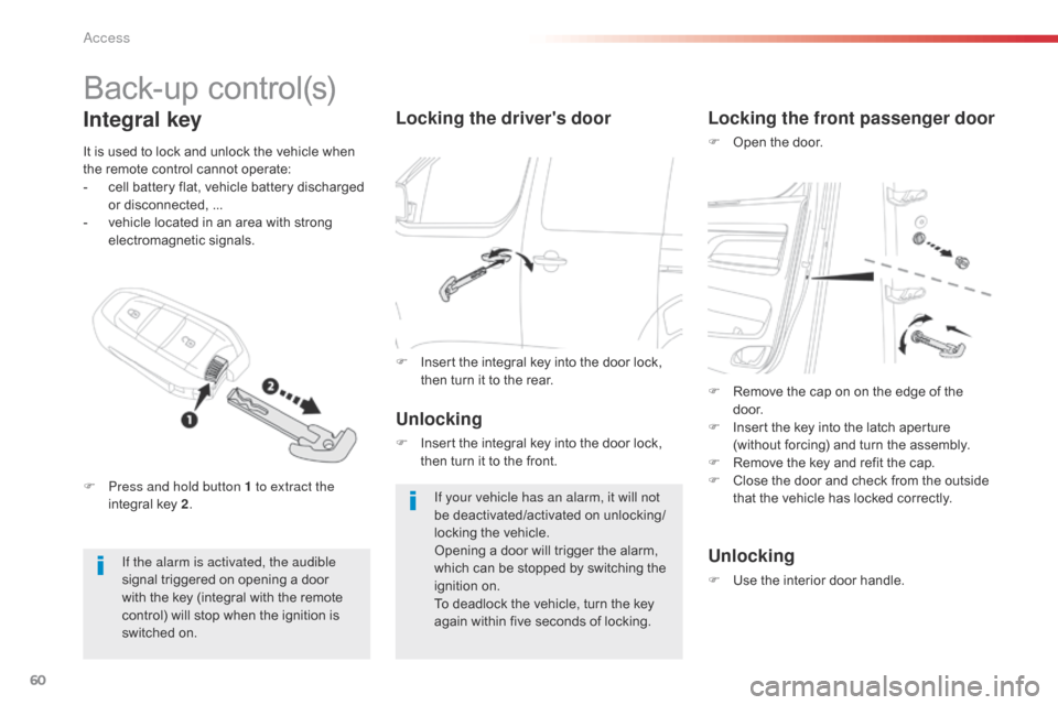 Citroen SPACETOURER 2016 1.G User Guide 60
Spacetourer-VP_en_Chap02_ouvertures_ed01-2016
Back-up control(s)
If the alarm is activated, the audible 
signal triggered on opening a door 
with the key (integral with the remote 
control) will st