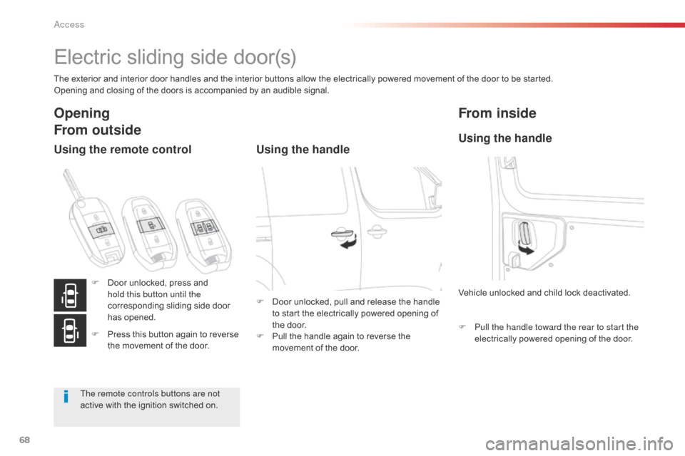Citroen SPACETOURER 2016 1.G Repair Manual 68
Spacetourer-VP_en_Chap02_ouvertures_ed01-2016
Electric sliding side door(s)
The exterior and interior door handles and the interior buttons allow the electrically powered movement of the door to be Citroen SPACETOURER 2016 1.G Repair Manual 68
Spacetourer-VP_en_Chap02_ouvertures_ed01-2016
Electric sliding side door(s)
The exterior and interior door handles and the interior buttons allow the electrically powered movement of the door to be
