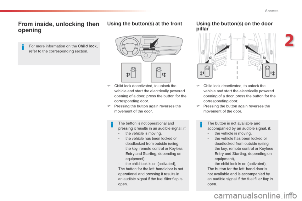 Citroen SPACETOURER 2016 1.G Manual PDF 69
Spacetourer-VP_en_Chap02_ouvertures_ed01-2016
F Child lock deactivated, to unlock the vehicle and start the electrically powered 
opening of a door, press the button for the 
corresponding door.
F
