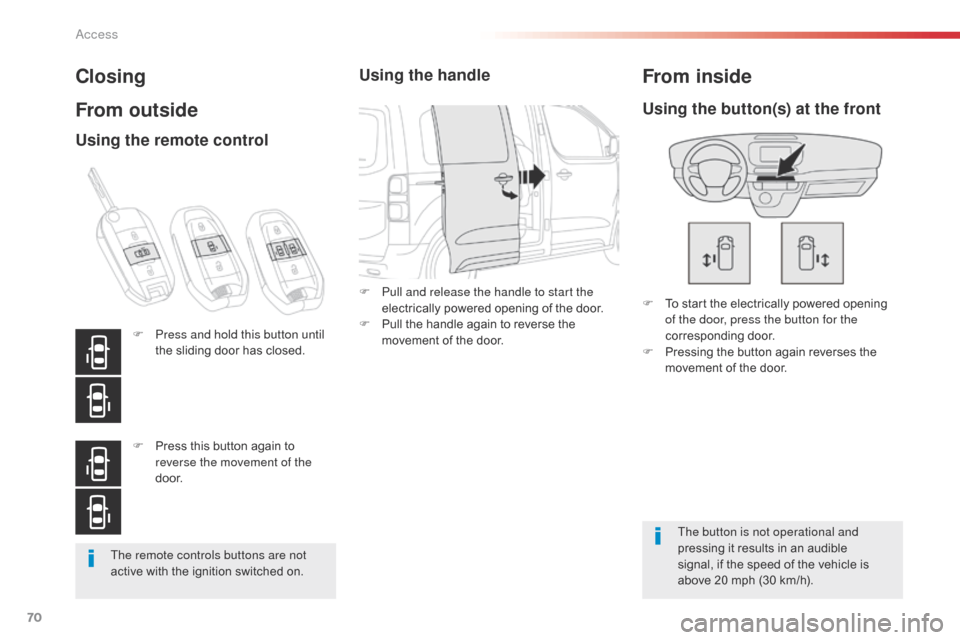 Citroen SPACETOURER 2016 1.G Manual PDF 70
Spacetourer-VP_en_Chap02_ouvertures_ed01-2016
The remote controls buttons are not 
active with the ignition switched on.
Closing
From outside
F To start the electrically powered opening of the door