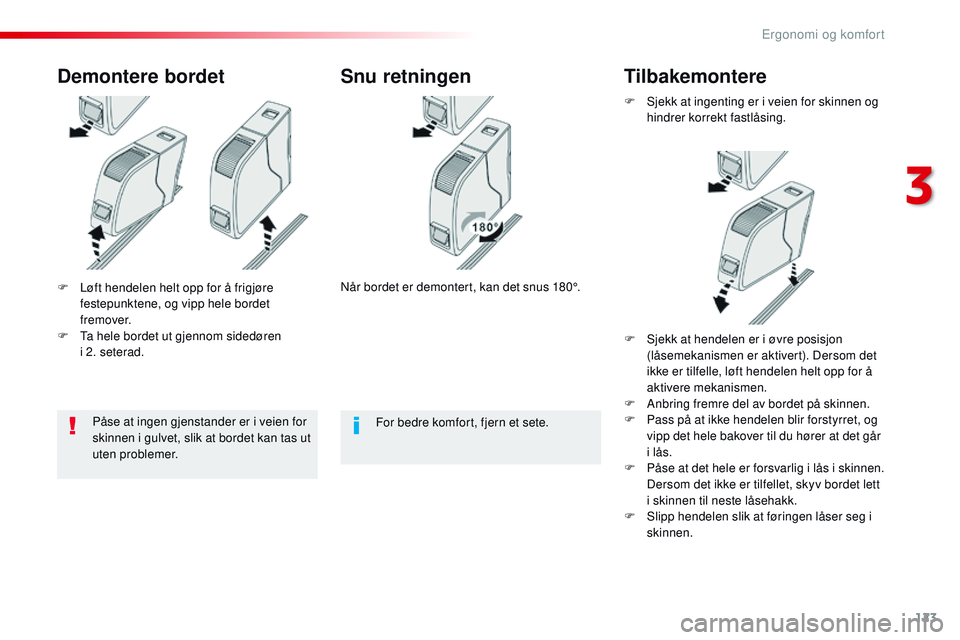 CITROEN JUMPER SPACETOURER 2017 InstruksjonsbØker (in Norwegian) 123
Spacetourer-VP_no_Chap03_ergonomie-et-confort_ed01-2016
F Løft hendelen helt opp for å frigjøre festepunktene, og vipp hele bordet
fremover.
F
T
a hele bordet ut gjennom sidedøren
i 2. s CITROEN JUMPER SPACETOURER 2017 InstruksjonsbØker (in Norwegian) 123
Spacetourer-VP_no_Chap03_ergonomie-et-confort_ed01-2016
F Løft hendelen helt opp for å frigjøre festepunktene, og vipp hele bordet
fremover.
F
T
a hele bordet ut gjennom sidedøren
i 2. s