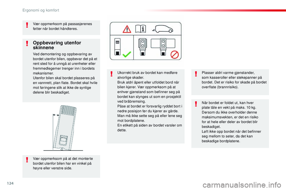 CITROEN JUMPER SPACETOURER 2017 InstruksjonsbØker (in Norwegian) 124
Spacetourer-VP_no_Chap03_ergonomie-et-confort_ed01-2016
Vær oppmerksom på passasjerenes
føtter når bordet håndteres.Ukorrekt bruk av bordet kan medføre
alvorlige skader.
Bruk aldri åpent CITROEN JUMPER SPACETOURER 2017 InstruksjonsbØker (in Norwegian) 124
Spacetourer-VP_no_Chap03_ergonomie-et-confort_ed01-2016
Vær oppmerksom på passasjerenes
føtter når bordet håndteres.Ukorrekt bruk av bordet kan medføre
alvorlige skader.
Bruk aldri åpent