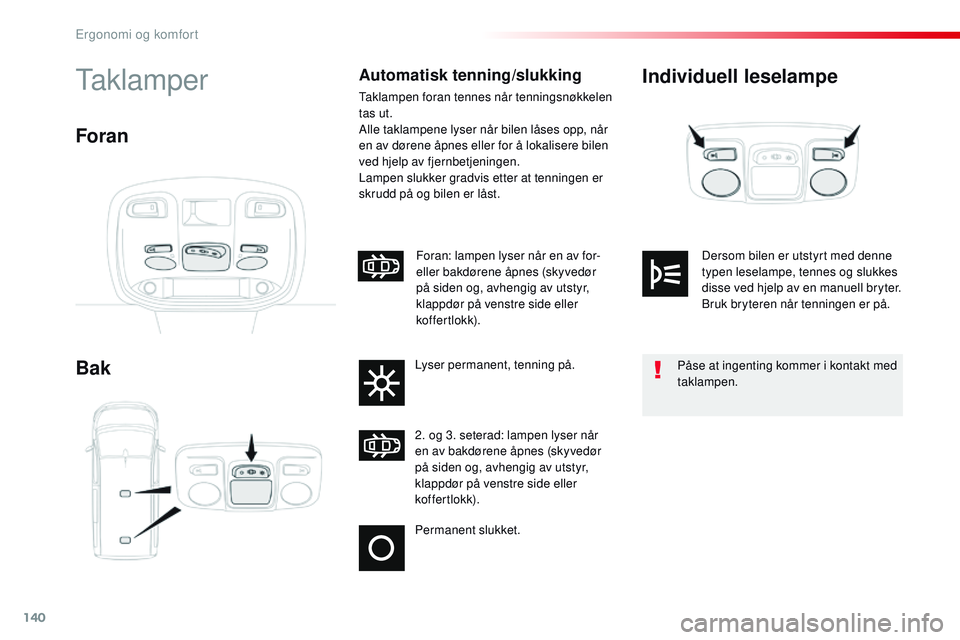 CITROEN JUMPER SPACETOURER 2017 InstruksjonsbØker (in Norwegian) 140
Spacetourer-VP_no_Chap03_ergonomie-et-confort_ed01-2016
Individuell leselampe
BakTaklamperAutomatisk tenning/slukking
Taklampen foran tennes når tenningsnøkkelen
tas ut.
Alle taklampene lyser n CITROEN JUMPER SPACETOURER 2017 InstruksjonsbØker (in Norwegian) 140
Spacetourer-VP_no_Chap03_ergonomie-et-confort_ed01-2016
Individuell leselampe
BakTaklamperAutomatisk tenning/slukking
Taklampen foran tennes når tenningsnøkkelen
tas ut.
Alle taklampene lyser n