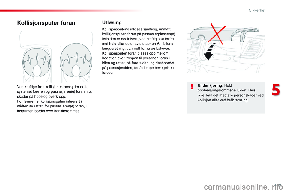 CITROEN JUMPER SPACETOURER 2017 InstruksjonsbØker (in Norwegian) 169
Spacetourer-VP_no_Chap05_securite_ed01-2016
Kollisjonsputer foranUtløsing
Kollisjonsputene utløses samtidig, unntatt
kollisjonsputen foran på passasjerplassen(e)
hvis den er deaktivert, ved k CITROEN JUMPER SPACETOURER 2017 InstruksjonsbØker (in Norwegian) 169
Spacetourer-VP_no_Chap05_securite_ed01-2016
Kollisjonsputer foranUtløsing
Kollisjonsputene utløses samtidig, unntatt
kollisjonsputen foran på passasjerplassen(e)
hvis den er deaktivert, ved k