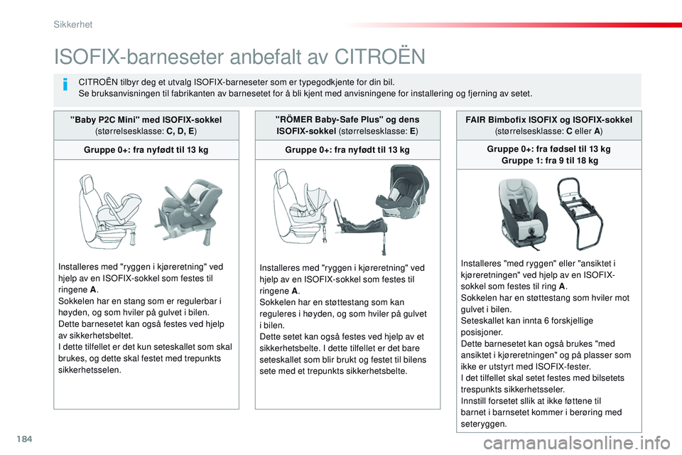 CITROEN JUMPER SPACETOURER 2017 InstruksjonsbØker (in Norwegian) 184
Spacetourer-VP_no_Chap05_securite_ed01-2016
ISOFIX-barneseter anbefalt av CITROËN
CITROËN tilbyr deg et utvalg ISOFIX-barneseter som er typegodkjente for din bil.
Se bruksanvisningen til fabrika CITROEN JUMPER SPACETOURER 2017 InstruksjonsbØker (in Norwegian) 184
Spacetourer-VP_no_Chap05_securite_ed01-2016
ISOFIX-barneseter anbefalt av CITROËN
CITROËN tilbyr deg et utvalg ISOFIX-barneseter som er typegodkjente for din bil.
Se bruksanvisningen til fabrika