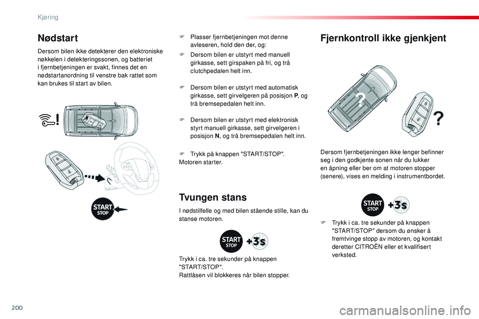 CITROEN JUMPER SPACETOURER 2017  InstruksjonsbØker (in Norwegian) 200
Spacetourer-VP_no_Chap06_conduite_ed01-2016
Nødstart
Dersom bilen ikke detekterer den elektroniske 
nøkkelen i detekteringssonen, og batteriet 
i fjernbetjeningen er svakt, finnes det en 
nødst