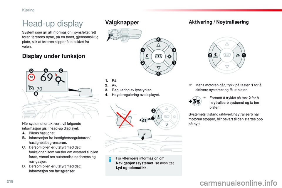 CITROEN JUMPER SPACETOURER 2017 InstruksjonsbØker (in Norwegian) 218
Spacetourer-VP_no_Chap06_conduite_ed01-2016
1. PÃ¥.
2. A v.
3.
R
egulering av lysstyrken.
4.
H
øyderegulering av displayet.
Når systemet er aktivert, vil følgende
informasjon gis i head-up CITROEN JUMPER SPACETOURER 2017 InstruksjonsbØker (in Norwegian) 218
Spacetourer-VP_no_Chap06_conduite_ed01-2016
1. PÃ¥.
2. A v.
3.
R
egulering av lysstyrken.
4.
H
øyderegulering av displayet.
Når systemet er aktivert, vil følgende
informasjon gis i head-up