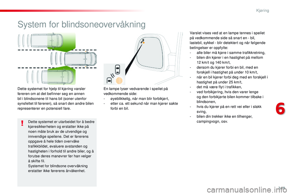 CITROEN JUMPER SPACETOURER 2017 InstruksjonsbØker (in Norwegian) 249
Spacetourer-VP_no_Chap06_conduite_ed01-2016
System for blindsoneovervåkning
En lampe lyser vedvarende i speilet på
vedkommende side:
-
ø
yeblikkelig, når man blir forbikjørt,
-
e
tter c CITROEN JUMPER SPACETOURER 2017 InstruksjonsbØker (in Norwegian) 249
Spacetourer-VP_no_Chap06_conduite_ed01-2016
System for blindsoneovervåkning
En lampe lyser vedvarende i speilet på
vedkommende side:
-
ø
yeblikkelig, når man blir forbikjørt,
-
e
tter c
