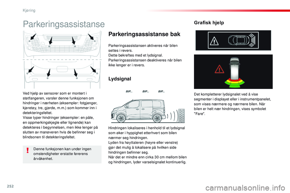 CITROEN JUMPER SPACETOURER 2017  InstruksjonsbØker (in Norwegian) 252
Spacetourer-VP_no_Chap06_conduite_ed01-2016
Ved hjelp av sensorer som er montert i 
støtfangeren, varsler denne funksjonen om 
hindringer i nærheten (eksempler: fotgjenger, 
kjøretøy, tre, gje