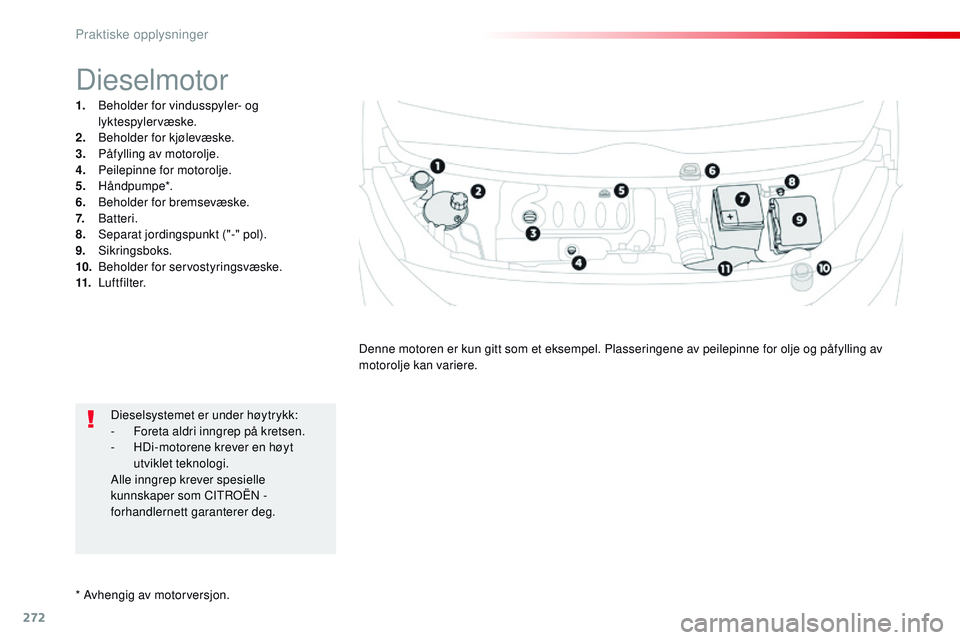 CITROEN JUMPER SPACETOURER 2017 InstruksjonsbØker (in Norwegian) 272
Spacetourer-VP_no_Chap07_info-pratiques_ed01-2016
* Avhengig av motorversjon.
Dieselmotor
1. Beholder for vindusspyler- og lyktespylervæske.
2.
Be
holder for kjølevæske.
3.
P
åfylling av m CITROEN JUMPER SPACETOURER 2017 InstruksjonsbØker (in Norwegian) 272
Spacetourer-VP_no_Chap07_info-pratiques_ed01-2016
* Avhengig av motorversjon.
Dieselmotor
1. Beholder for vindusspyler- og lyktespylervæske.
2.
Be
holder for kjølevæske.
3.
P
åfylling av m