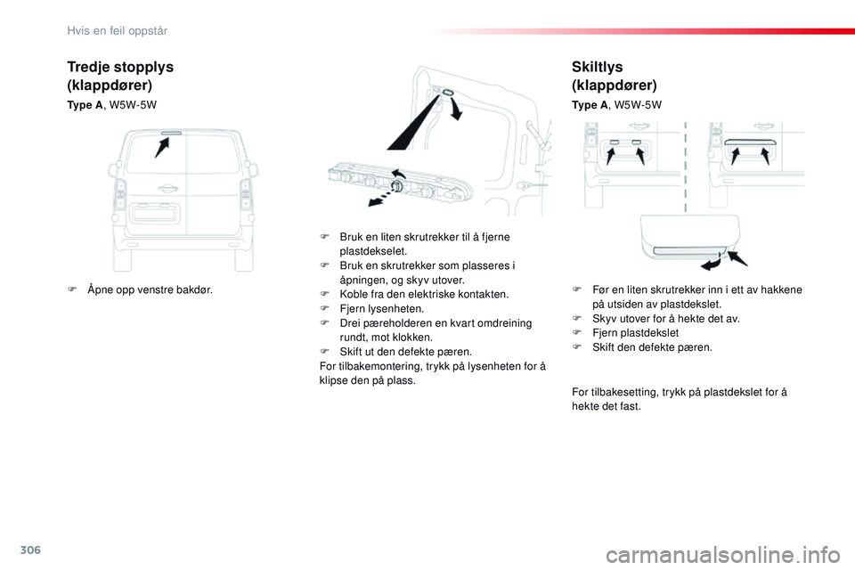 CITROEN JUMPER SPACETOURER 2017 InstruksjonsbØker (in Norwegian) 306
Spacetourer-VP_no_Chap08_En-cas-de-panne_ed01-2016
Skiltlys
(klappdører)
Ty p e A, W5W-5W
F
B
ruk en liten skrutrekker til å fjerne
plastdekselet.
F
B
ruk en skrutrekker som plasseres i CITROEN JUMPER SPACETOURER 2017 InstruksjonsbØker (in Norwegian) 306
Spacetourer-VP_no_Chap08_En-cas-de-panne_ed01-2016
Skiltlys
(klappdører)
Ty p e A, W5W-5W
F
B
ruk en liten skrutrekker til å fjerne
plastdekselet.
F
B
ruk en skrutrekker som plasseres i
