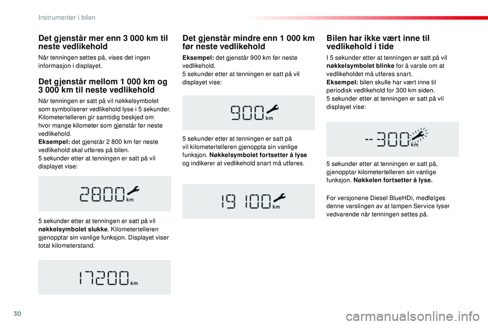 CITROEN JUMPER SPACETOURER 2017  InstruksjonsbØker (in Norwegian) 30
Det gjenstår mellom 1 000 km og 
3 000 km til neste vedlikehold
Når tenningen er satt på vil nøkkelsymbolet 
som symboliserer vedlikehold lyse i 5 sekunder. 
Kilometertelleren gir samtidig besk