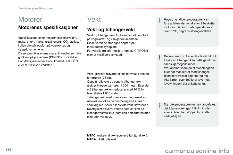 CITROEN JUMPER SPACETOURER 2017 InstruksjonsbØker (in Norwegian) 324
Spacetourer-VP_no_Chap09_caracteristiques-techniques_ed01-2016
Motorer
Motorenes spesifikasjoner
Spesifikasjonene for motoren (sylindervolum,
maks. effekt, maks. turtall, energi, CO
2-utslipp...) CITROEN JUMPER SPACETOURER 2017 InstruksjonsbØker (in Norwegian) 324
Spacetourer-VP_no_Chap09_caracteristiques-techniques_ed01-2016
Motorer
Motorenes spesifikasjoner
Spesifikasjonene for motoren (sylindervolum,
maks. effekt, maks. turtall, energi, CO
2-utslipp...)