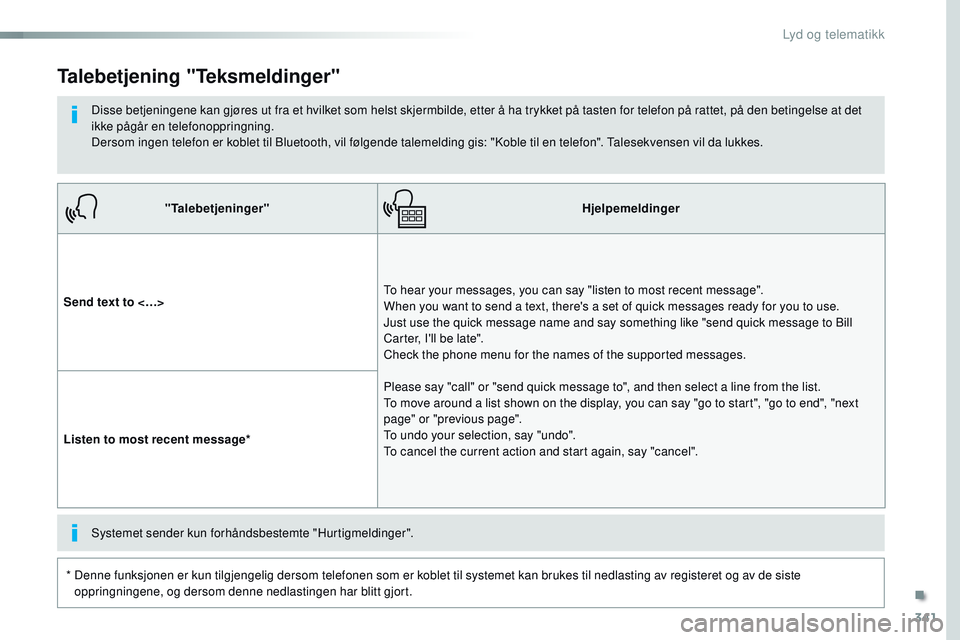 CITROEN JUMPER SPACETOURER 2017  InstruksjonsbØker (in Norwegian) 341
Spacetourer-VP_no_Chap10b_NAC-1_ed01-2016
"Talebetjeninger"Hjelpemeldinger
Send text to <…> To hear your messages, you can say "listen to most recent message".  
When you want to