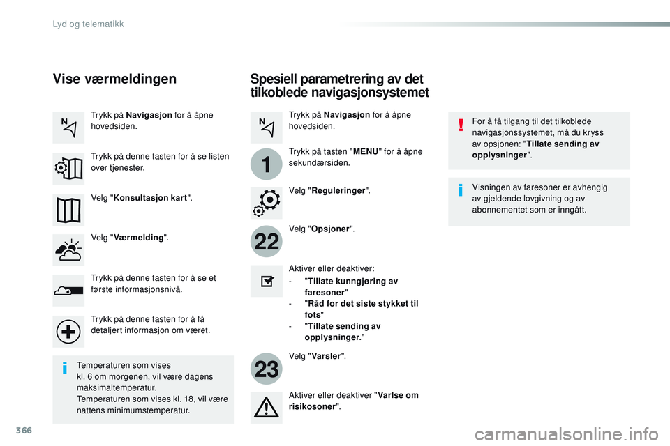CITROEN JUMPER SPACETOURER 2017  InstruksjonsbØker (in Norwegian) 366
22
23
1
Spacetourer-VP_no_Chap10b_NAC-1_ed01-2016
Spesiell parametrering av det 
tilkoblede navigasjonsystemet
For å få tilgang til det tilkoblede 
navigasjonssystemet, må du kryss 
av opsjonen