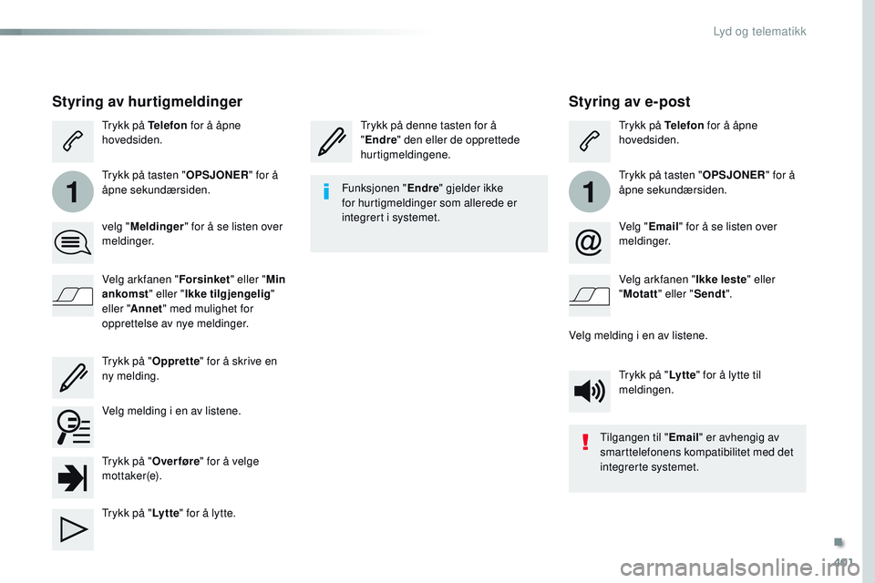 CITROEN JUMPER SPACETOURER 2017  InstruksjonsbØker (in Norwegian) 401
11
Spacetourer-VP_no_Chap10b_NAC-1_ed01-2016
Styring av e-post
Trykk på denne tasten for å 
"Endre " den eller de opprettede 
hurtigmeldingene. Trykk på Telefon
 for å åpne 
hovedside