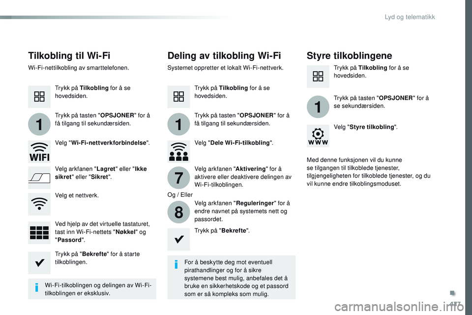 CITROEN JUMPER SPACETOURER 2017  InstruksjonsbØker (in Norwegian) 427
11
1
7
8
Spacetourer-VP_no_Chap10c_RCC-1_ed01-2016
Tilkobling til Wi-FiDeling av tilkobling Wi-Fi Styre tilkoblingene
For å beskytte deg mot eventuell 
pirathandlinger og for å sikre 
systemene  CITROEN JUMPER SPACETOURER 2017  InstruksjonsbØker (in Norwegian) 427
11
1
7
8
Spacetourer-VP_no_Chap10c_RCC-1_ed01-2016
Tilkobling til Wi-FiDeling av tilkobling Wi-Fi Styre tilkoblingene
For å beskytte deg mot eventuell 
pirathandlinger og for å sikre 
systemene