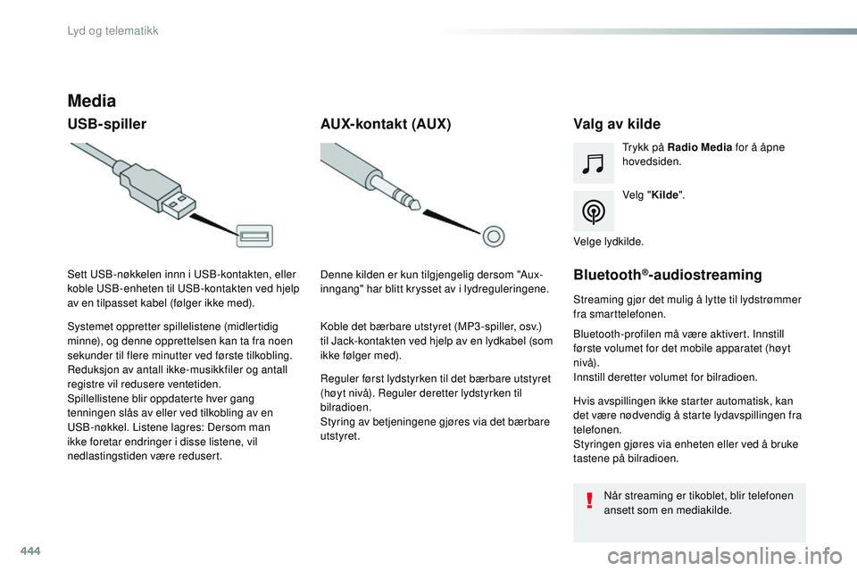 CITROEN JUMPER SPACETOURER 2017 InstruksjonsbØker (in Norwegian) 444
Spacetourer-VP_no_Chap10c_RCC-1_ed01-2016
Media
USB-spillerValg av kilde
Velg "Kilde".
Trykk på Radio Media
for å åpne
hovedsiden.
Systemet oppretter spillelistene (midlertidig
minne CITROEN JUMPER SPACETOURER 2017 InstruksjonsbØker (in Norwegian) 444
Spacetourer-VP_no_Chap10c_RCC-1_ed01-2016
Media
USB-spillerValg av kilde
Velg "Kilde".
Trykk på Radio Media
for å åpne
hovedsiden.
Systemet oppretter spillelistene (midlertidig
minne