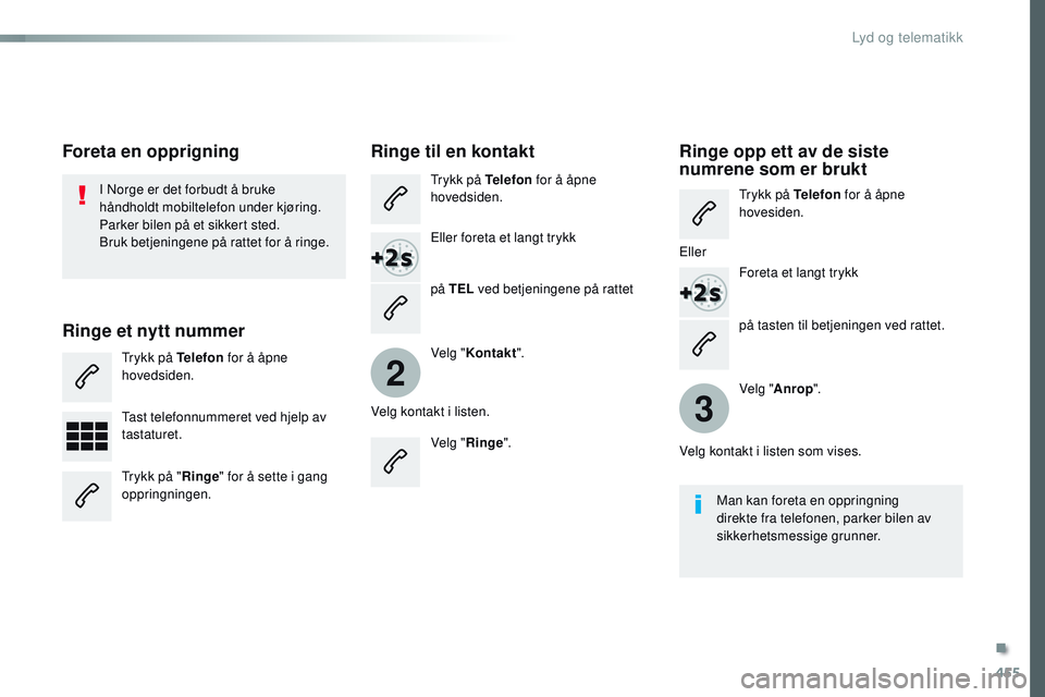 CITROEN JUMPER SPACETOURER 2017 InstruksjonsbØker (in Norwegian) 455
2
3
Spacetourer-VP_no_Chap10c_RCC-1_ed01-2016
på tasten til betjeningen ved rattet.
I Norge er det forbudt å bruke
håndholdt mobiltelefon under kjøring.
Parker bilen på et sikkert sted.
Bruk CITROEN JUMPER SPACETOURER 2017 InstruksjonsbØker (in Norwegian) 455
2
3
Spacetourer-VP_no_Chap10c_RCC-1_ed01-2016
på tasten til betjeningen ved rattet.
I Norge er det forbudt å bruke
håndholdt mobiltelefon under kjøring.
Parker bilen på et sikkert sted.
Bruk