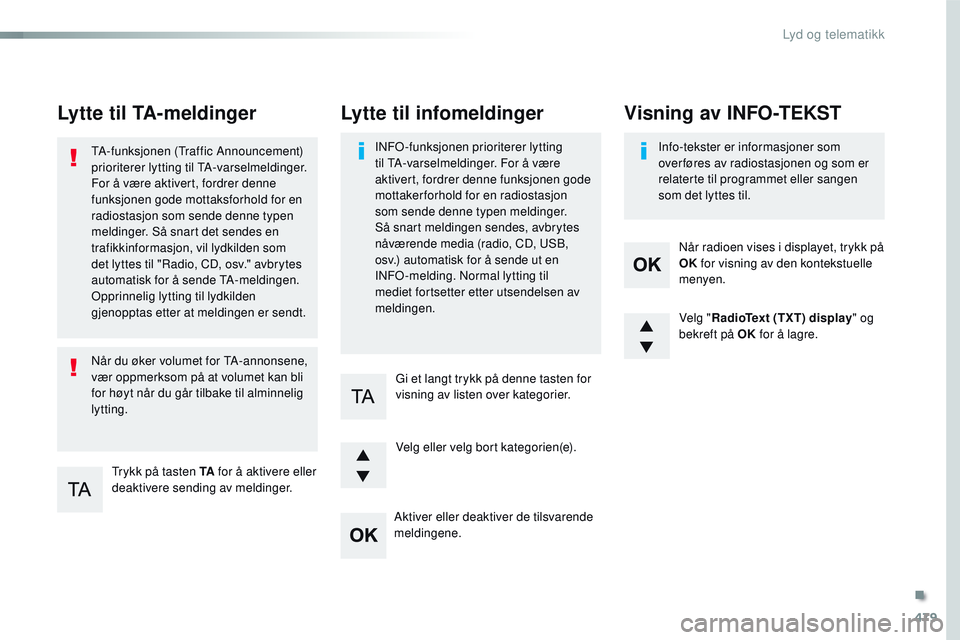 CITROEN JUMPER SPACETOURER 2017 InstruksjonsbØker (in Norwegian) 479
Spacetourer-VP_no_Chap10d_RD6_ed01-2016
Lytte til TA-meldinger
Trykk på tasten TA for å aktivere eller
deaktivere sending av meldinger.
TA-funksjonen (Traffic Announcement)
prioriterer lytting CITROEN JUMPER SPACETOURER 2017 InstruksjonsbØker (in Norwegian) 479
Spacetourer-VP_no_Chap10d_RD6_ed01-2016
Lytte til TA-meldinger
Trykk på tasten TA for å aktivere eller
deaktivere sending av meldinger.
TA-funksjonen (Traffic Announcement)
prioriterer lytting