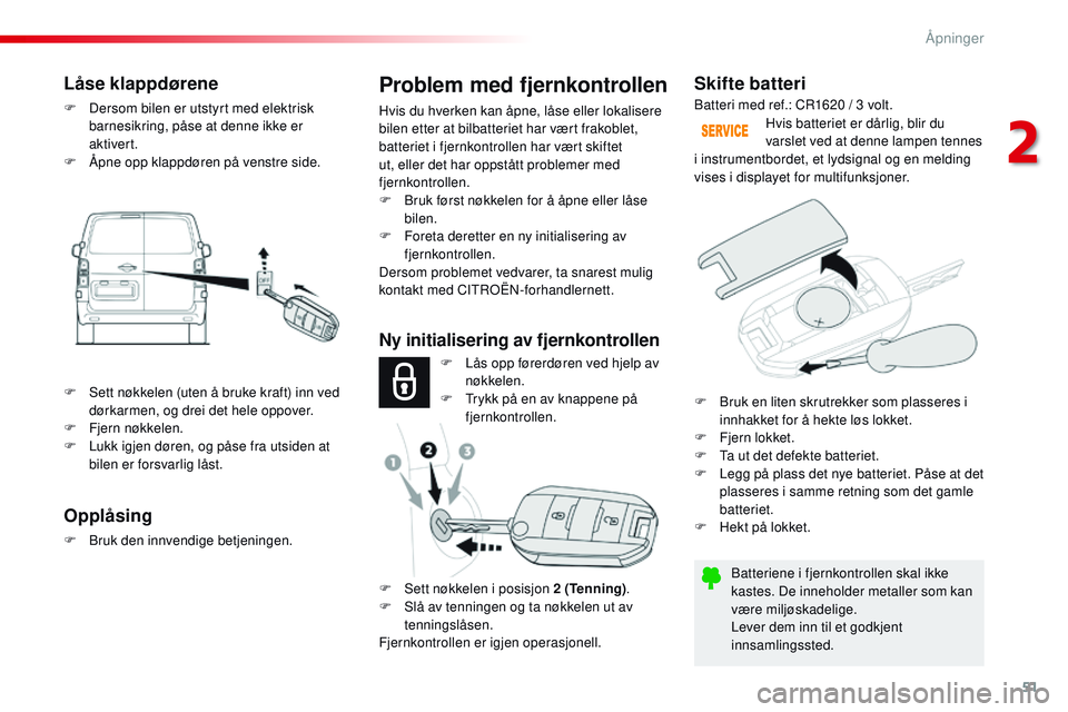 CITROEN JUMPER SPACETOURER 2017 InstruksjonsbØker (in Norwegian) 51
Spacetourer-VP_no_Chap02_ouvertures_ed01-2016
Skifte batteri
Batteriene i fjernkontrollen skal ikke
kastes. De inneholder metaller som kan
være miljøskadelige.
Lever dem inn til et godkjent
in CITROEN JUMPER SPACETOURER 2017 InstruksjonsbØker (in Norwegian) 51
Spacetourer-VP_no_Chap02_ouvertures_ed01-2016
Skifte batteri
Batteriene i fjernkontrollen skal ikke
kastes. De inneholder metaller som kan
være miljøskadelige.
Lever dem inn til et godkjent
in