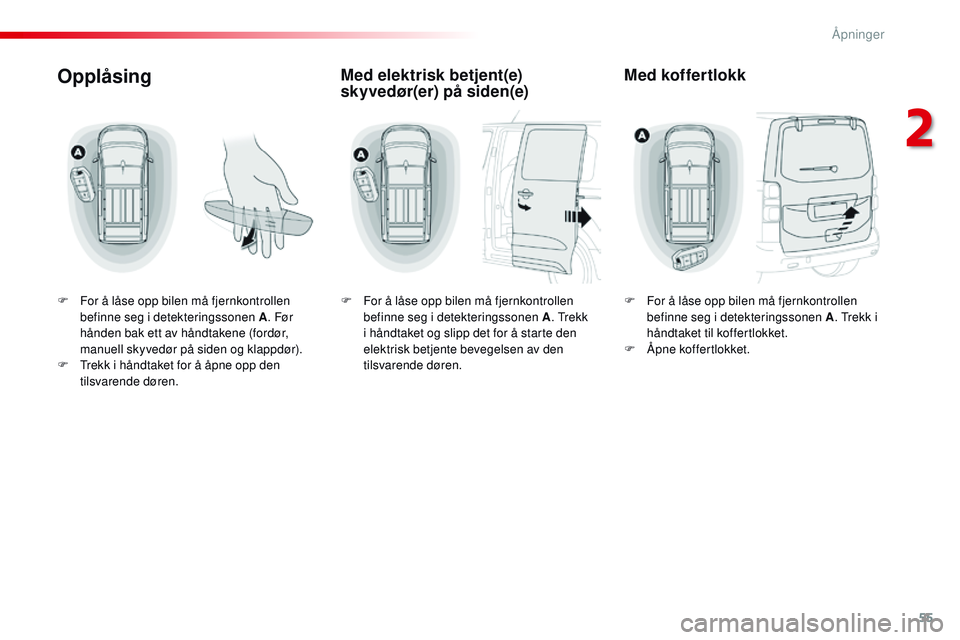 CITROEN JUMPER SPACETOURER 2017 InstruksjonsbØker (in Norwegian) 55
Spacetourer-VP_no_Chap02_ouvertures_ed01-2016
Opplåsing
F For å låse opp bilen må fjernkontrollen befinne seg i detekteringssonen A . Før
hånden bak ett av håndtakene (fordør,
manuell sky CITROEN JUMPER SPACETOURER 2017 InstruksjonsbØker (in Norwegian) 55
Spacetourer-VP_no_Chap02_ouvertures_ed01-2016
Opplåsing
F For å låse opp bilen må fjernkontrollen befinne seg i detekteringssonen A . Før
hånden bak ett av håndtakene (fordør,
manuell sky