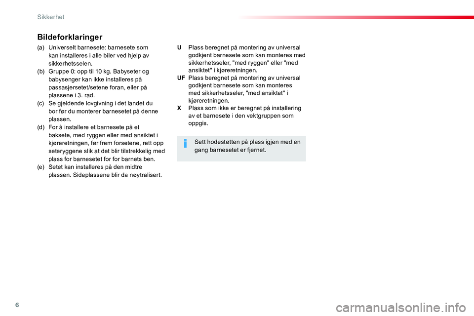 CITROEN JUMPER SPACETOURER 2017 InstruksjonsbØker (in Norwegian) 6
Sikkerhet
Bildeforklaringer
(a) Universelt barnesete: barnesete som
kan installeres i alle biler ved hjelp av
sikkerhetsselen.
(b) Gruppe 0: opp til 10 kg. Babyseter o CITROEN JUMPER SPACETOURER 2017 InstruksjonsbØker (in Norwegian) 6
Sikkerhet
Bildeforklaringer
(a) Universelt barnesete: barnesete som
kan installeres i alle biler ved hjelp av
sikkerhetsselen.
(b) Gruppe 0: opp til 10 kg. Babyseter o