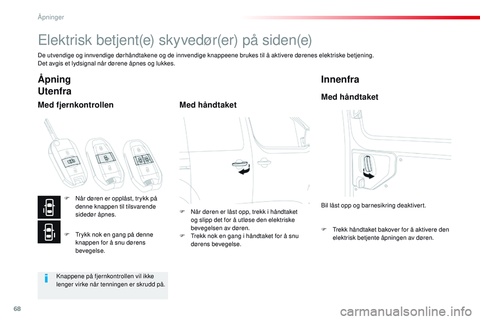CITROEN JUMPER SPACETOURER 2017  InstruksjonsbØker (in Norwegian) 68
Spacetourer-VP_no_Chap02_ouvertures_ed01-2016
Elektrisk betjent(e) skyvedør(er) på siden(e)
De utvendige og innvendige dørhåndtakene og de innvendige knappeene brukes til å aktivere dørenes e