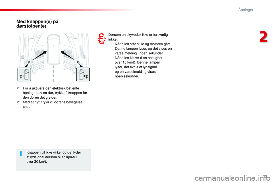 CITROEN JUMPER SPACETOURER 2017  InstruksjonsbØker (in Norwegian) 71
Spacetourer-VP_no_Chap02_ouvertures_ed01-2016
F For å aktivere den elektrisk betjente åpningen av en dør, trykk på knappen for 
den døren det gjelder.
F
 
M
 ed et nytt trykk vil dørens beveg