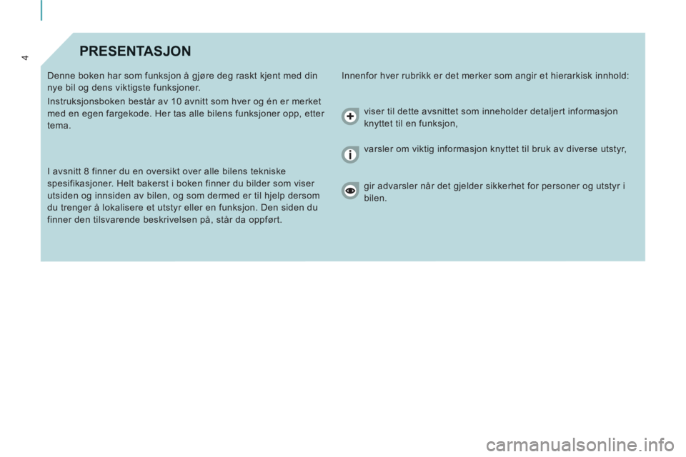 CITROEN JUMPER MULTISPACE 2014  InstruksjonsbØker (in Norwegian) 4PRESENTASJON 
  Innenfor hver rubrikk er det merker som angir et hierarkisk innhold:   
Denne boken har som funksjon å gjøre deg raskt kjent med din 
nye bil og dens viktigste funksjoner. 
  Instru