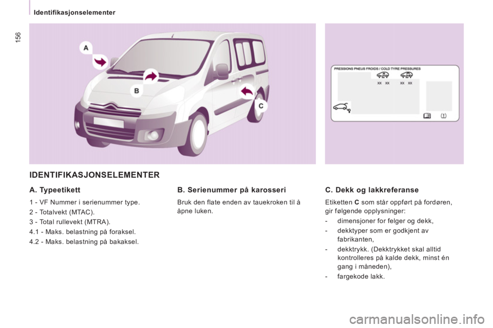 CITROEN JUMPER MULTISPACE 2013  InstruksjonsbØker (in Norwegian) 156
   
 
Identifikasjonselementer  
 
 
IDENTIFIKASJONSELEMENTER
 
 
A. Typeetikett 
 
1 - VF Nummer i serienummer type. 
  2 - Totalvekt (MTAC). 
  3 - Total rullevekt (MTRA). 
  4.1 - Maks. belastn