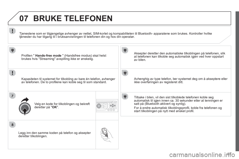 CITROEN JUMPER MULTISPACE 2013 InstruksjonsbØker (in Norwegian) 27
07
Legg inn den samme koden på telefon og aksepter deretter tilkoblingen.
Aksepter deretter den automatiske tilkoblin
gen på telefonen, slik
at telefonen kan tilkoble seg automatisk igjen CITROEN JUMPER MULTISPACE 2013 InstruksjonsbØker (in Norwegian) 27
07
Legg inn den samme koden på telefon og aksepter deretter tilkoblingen.
Aksepter deretter den automatiske tilkoblin
gen på telefonen, slik
at telefonen kan tilkoble seg automatisk igjen