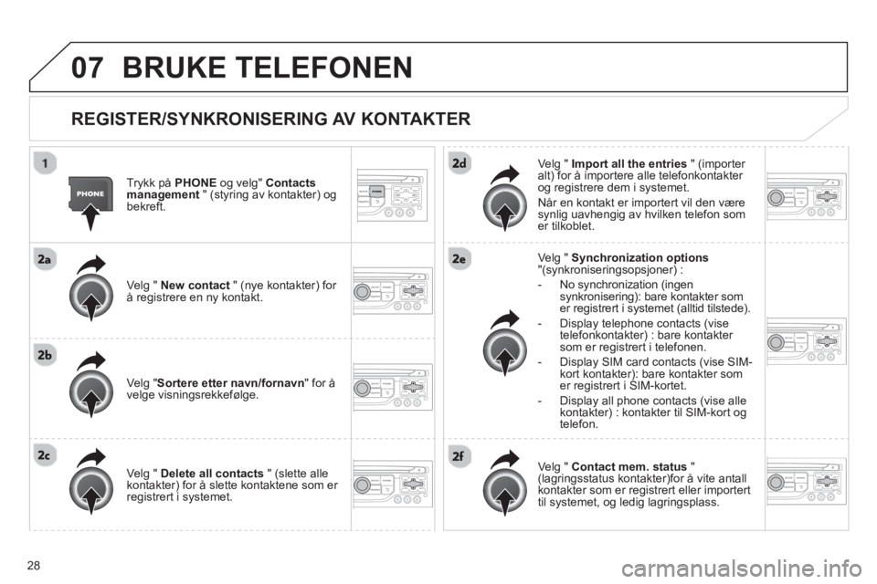 CITROEN JUMPER MULTISPACE 2013 InstruksjonsbØker (in Norwegian) 28
07BRUKE TELEFONEN
REGISTER/SYNKRONISERING AV KONTAKTER
Trykk påPHONE og velg" Contacts
management " (styring av kontakter) og bekreft.
Ve l
g " New contact" (nye kontakter) for CITROEN JUMPER MULTISPACE 2013 InstruksjonsbØker (in Norwegian) 28
07BRUKE TELEFONEN
REGISTER/SYNKRONISERING AV KONTAKTER
Trykk påPHONE og velg" Contacts
management " (styring av kontakter) og bekreft.
Ve l
g " New contact" (nye kontakter) for