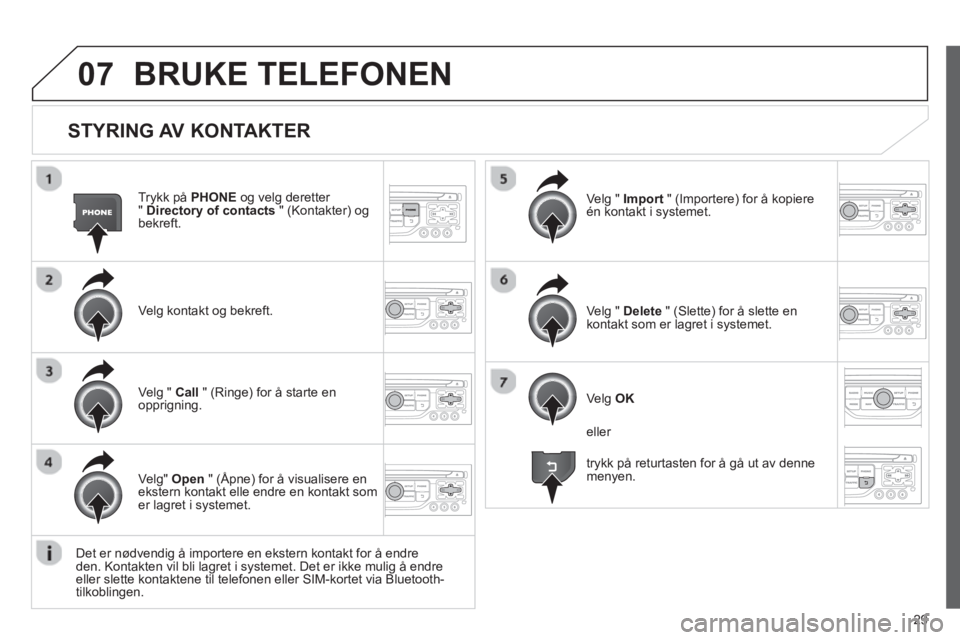 CITROEN JUMPER MULTISPACE 2013 InstruksjonsbØker (in Norwegian) 29
07
STYRING AV KONTAKTER
Trykk på PHONEog velg deretter "Directory of contacts
" (Kontakter) og bekreft.
Ve l
g kontakt og bekreft.Ve l
g " Import " (Importere) for å kopiere én kontak CITROEN JUMPER MULTISPACE 2013 InstruksjonsbØker (in Norwegian) 29
07
STYRING AV KONTAKTER
Trykk på PHONEog velg deretter "Directory of contacts
" (Kontakter) og bekreft.
Ve l
g kontakt og bekreft.Ve l
g " Import " (Importere) for å kopiere én kontak