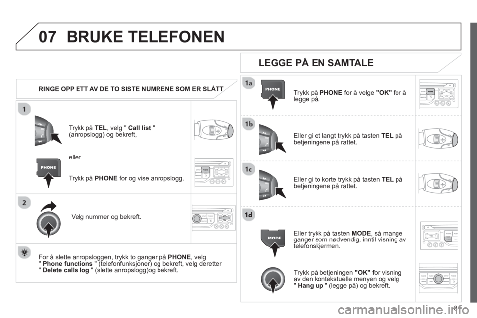 CITROEN JUMPER MULTISPACE 2013  InstruksjonsbØker (in Norwegian) 31
07BRUKE TELEFONEN 
   
 
RINGE OPP ETT AV DE TO SISTE NUMRENE SOM ER SLÅTTT
Trykk på  TEL  , velg " Call list"(anropslogg) og bekreft,
Ve l
g nummer og bekreft.  
   
For å slette anropslo
ggen,