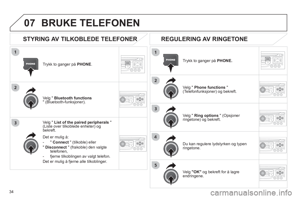 CITROEN JUMPER MULTISPACE 2013  InstruksjonsbØker (in Norwegian) 34
07
Trykk to ganger på PHONE.   
Ve l
g " List of the paired peripherals"(Liste over tilkoblede enheter) og bekreft.
Det er muli
g å: 
-"Connec
t" (tilkoble) eller 
"Disconnect" (frakoble) den val