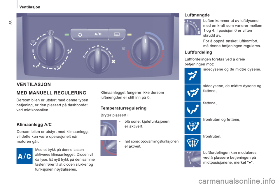 CITROEN JUMPER MULTISPACE 2013 InstruksjonsbØker (in Norwegian) 56
Ventilasjon
MED MANUELL REGULERING
Dersom bilen er utstyrt med denne typen
betjening, er den plassert på dashbordet
ved midtkonsollen.
Luftfordeling
Luftfordelingen foretas ved CITROEN JUMPER MULTISPACE 2013 InstruksjonsbØker (in Norwegian) 56
Ventilasjon
MED MANUELL REGULERING
Dersom bilen er utstyrt med denne typen
betjening, er den plassert på dashbordet
ved midtkonsollen.
Luftfordeling
Luftfordelingen foretas ved