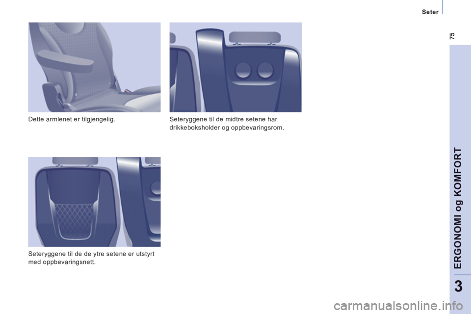 CITROEN JUMPER MULTISPACE 2013  InstruksjonsbØker (in Norwegian)    
 
Seter 
 
 
ERGONOMI o
g KOMFOR
T
3
 
Dette armlenet er tilgjengelig. 
  Seteryggene til de de ytre setene er utstyrt 
med oppbevaringsnett.   Seteryggene til de midtre setene har 
drikkebokshold