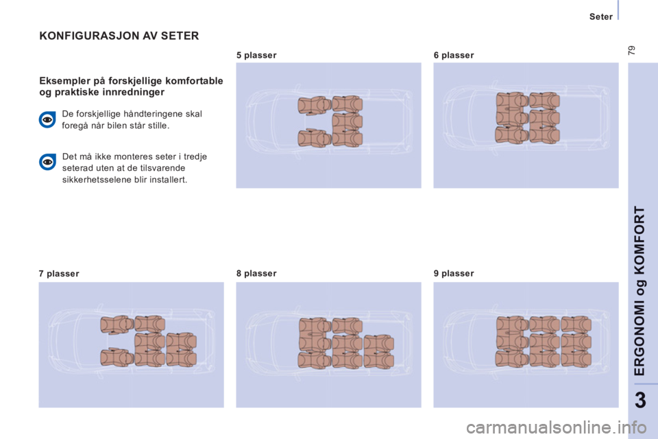 CITROEN JUMPER MULTISPACE 2013 InstruksjonsbØker (in Norwegian) 79
Seter
ERGONOMI o
g KOMFOR
T
3
KONFIGURASJON AV SETER
Eksempler på forskjellige komfortable
og praktiske innredninger
De forskjellige håndteringene skal
foregå når bilen s CITROEN JUMPER MULTISPACE 2013 InstruksjonsbØker (in Norwegian) 79
Seter
ERGONOMI o
g KOMFOR
T
3
KONFIGURASJON AV SETER
Eksempler på forskjellige komfortable
og praktiske innredninger
De forskjellige håndteringene skal
foregå når bilen s