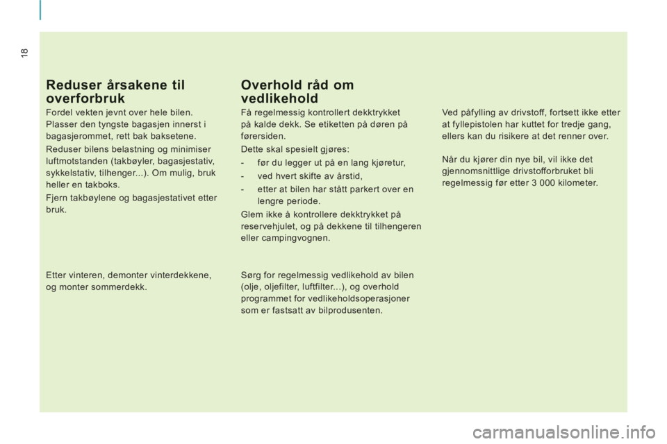 CITROEN JUMPER MULTISPACE 2012  InstruksjonsbØker (in Norwegian) 18
Reduser årsakene til 
overforbruk
   
Fordel vekten jevnt over hele bilen. 
Plasser den tyngste bagasjen innerst i 
bagasjerommet, rett bak baksetene. 
  Reduser bilens belastning og minimiser 
lu