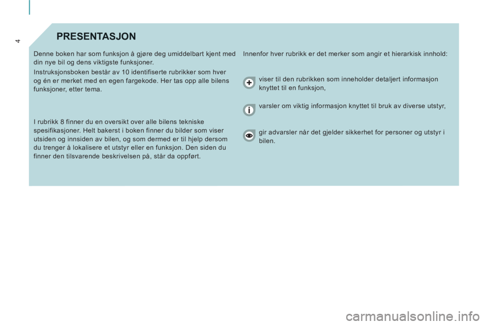 CITROEN JUMPER MULTISPACE 2012  InstruksjonsbØker (in Norwegian) 4PRESENTASJON 
  Innenfor hver rubrikk er det merker som angir et hierarkisk innhold:   
Denne boken har som funksjon å gjøre deg umiddelbart kjent med 
din nye bil og dens viktigste funksjoner. 
  