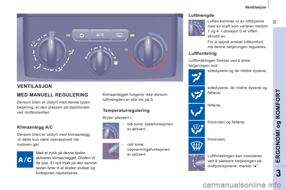CITROEN JUMPER MULTISPACE 2012 InstruksjonsbØker (in Norwegian) 53
Ventilasjon
ERGONOMI o
g KOMFOR
T
3
MED MANUELL REGULERING
Dersom bilen er utstyrt med denne typen
betjening, er den plassert på dashbordet
ved midtkonsollen.
Luftfordeling
Luftfor CITROEN JUMPER MULTISPACE 2012 InstruksjonsbØker (in Norwegian) 53
Ventilasjon
ERGONOMI o
g KOMFOR
T
3
MED MANUELL REGULERING
Dersom bilen er utstyrt med denne typen
betjening, er den plassert på dashbordet
ved midtkonsollen.
Luftfordeling
Luftfor