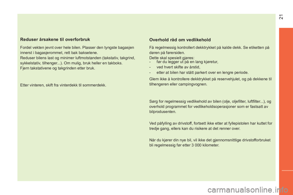 CITROEN NEMO 2014 InstruksjonsbØker (in Norwegian) 21
Reduser årsakene til overforbruk
Fordel vekten jevnt over hele bilen. Plasser den tyngste bagasjen
innerst i bagasjerommet, rett bak baksetene.
Reduser bilens last og minimer luftmot CITROEN NEMO 2014 InstruksjonsbØker (in Norwegian) 21
Reduser årsakene til overforbruk
Fordel vekten jevnt over hele bilen. Plasser den tyngste bagasjen
innerst i bagasjerommet, rett bak baksetene.
Reduser bilens last og minimer luftmot