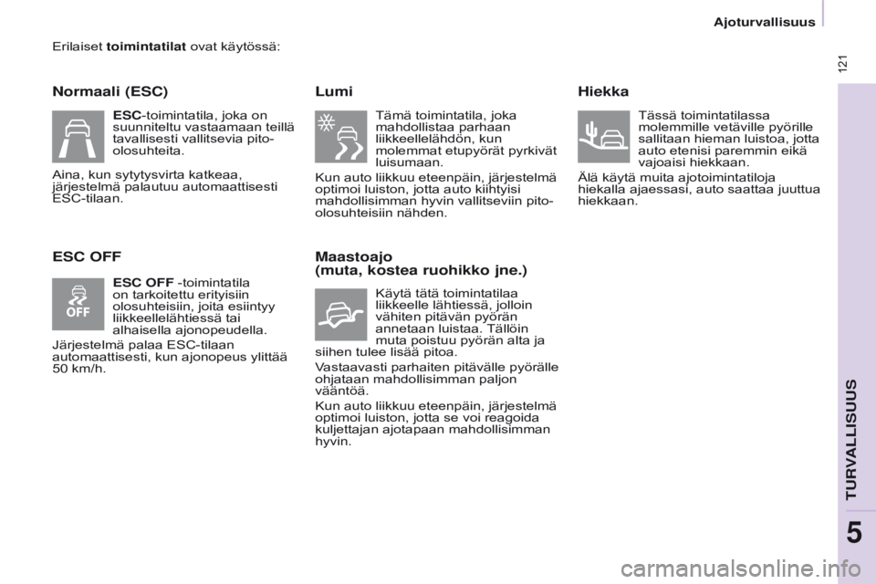 CITROEN BERLINGO MULTISPACE 2017  Omistajan Käsikirjat (in Finnish)  121
Berlingo2VP_fi_Chap05_Securite_ed02-2016
Erilaiset toimintatilat ovat käytössä:
Normaali (ESC)
ESC OFFLumi
Tämä toimintatila, joka 
mahdollistaa parhaan 
liikkeellelähdön, kun 
molemmat et