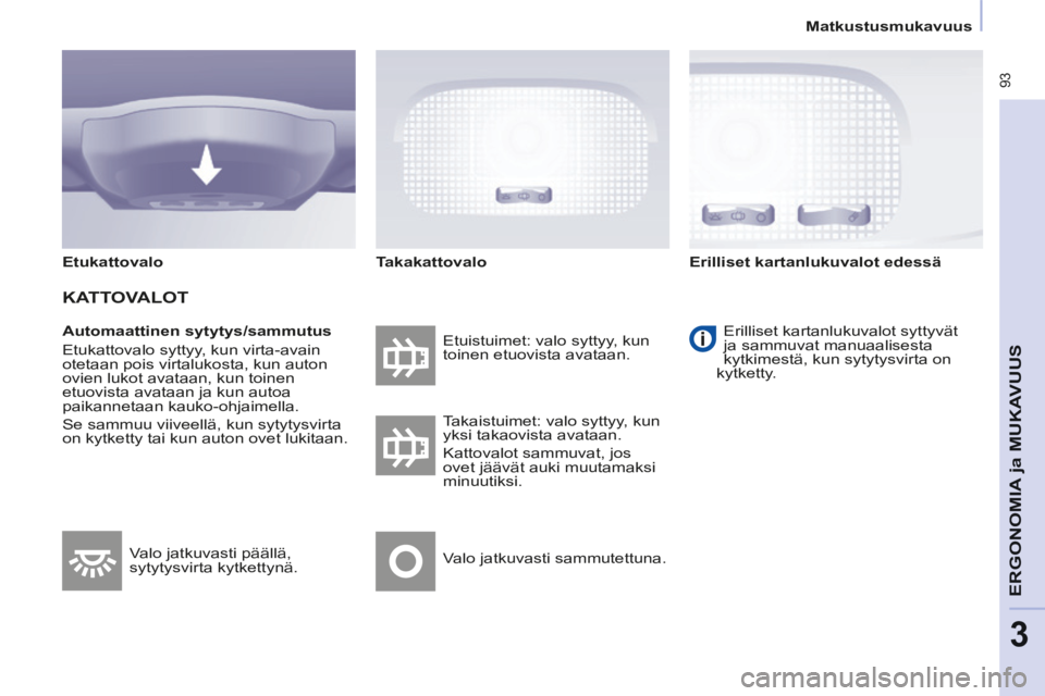 CITROEN BERLINGO MULTISPACE 2014  Omistajan Käsikirjat (in Finnish)    Matkustusmukavuus   
Berlingo-2-VP-papier_ﬁ _Chap03_Ergonomie_ed01-2014
 93
ERGONOMIA
 ja 
ERGONOMIA
 ja 
ERGONOMIA
MUKAVUUS
3
  Automaattinen  sytytys/sammutus 
 Etukattovalo syttyy, kun virta-a