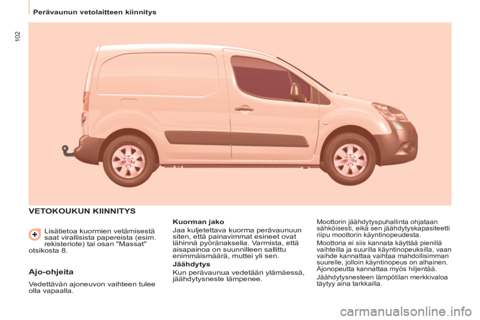 CITROEN BERLINGO ELECTRIC 2015 Omistajan Käsikirjat (in Finnish) 102
Perävaunun vetolaitteen kiinnitys
Lisätietoa kuormien vetämisestä
saat virallisista papereista (esim.
rekisteriote) tai osan "Massat"
otsikosta 8.
VETOKOUKUN KIINNITYS
Kuo CITROEN BERLINGO ELECTRIC 2015 Omistajan Käsikirjat (in Finnish) 102
Perävaunun vetolaitteen kiinnitys
Lisätietoa kuormien vetämisestä
saat virallisista papereista (esim.
rekisteriote) tai osan "Massat"
otsikosta 8.
VETOKOUKUN KIINNITYS
Kuo
