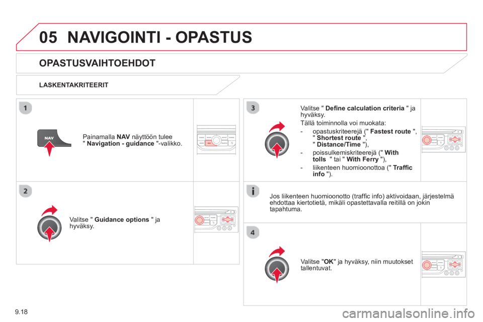 CITROEN BERLINGO ELECTRIC 2015  Omistajan Käsikirjat (in Finnish) 9.18
05NAVIGOINTI - OPASTUS
OPASTUSVAIHTOEHDOT
   
LASKENTAKRITEERIT  
V
alitse " Guidance options" ja
hyväksy.  
V
alitse "OK" ja hyväksy, niin muutokset
tallentuvat.  
     
Valitse " Deﬁ ne cal